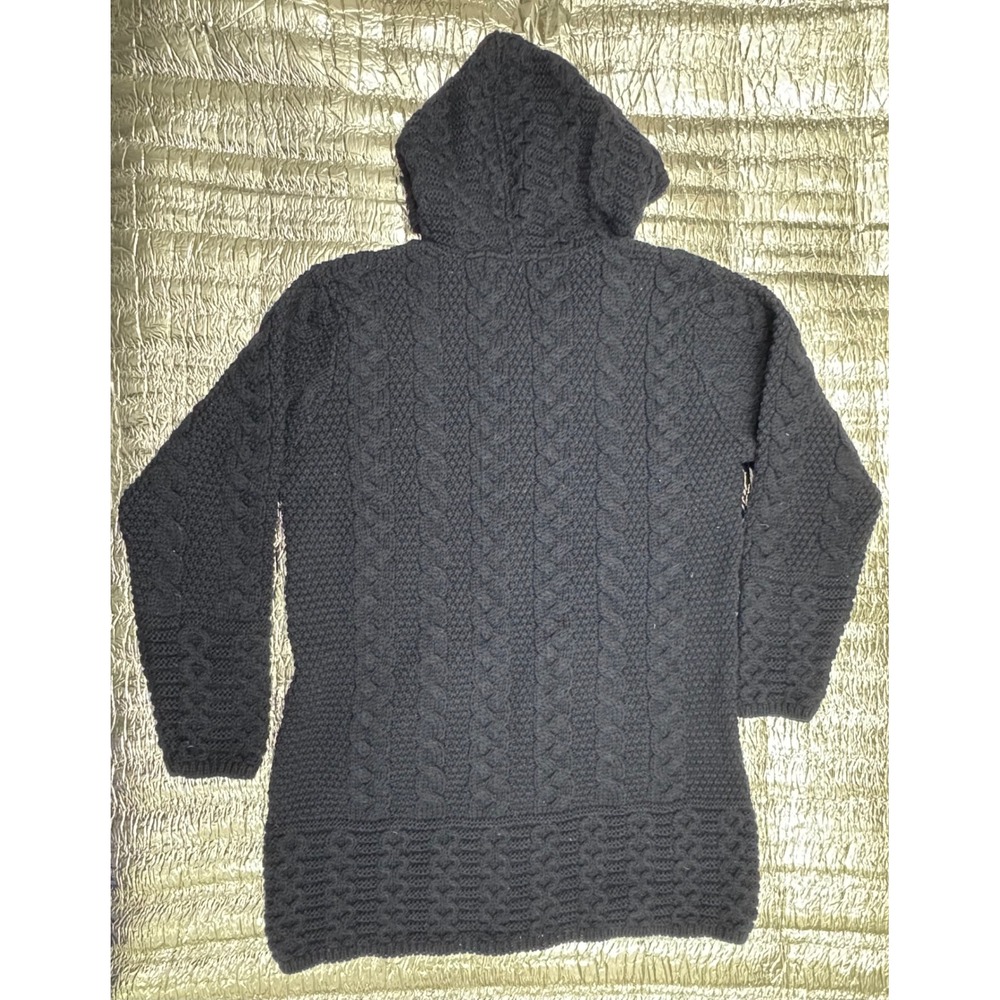 Aran Crafts Ireland Merino Wool Cable Knit Hooded Zip Cardigan Navy Blue Medium - Picture 6 of 7